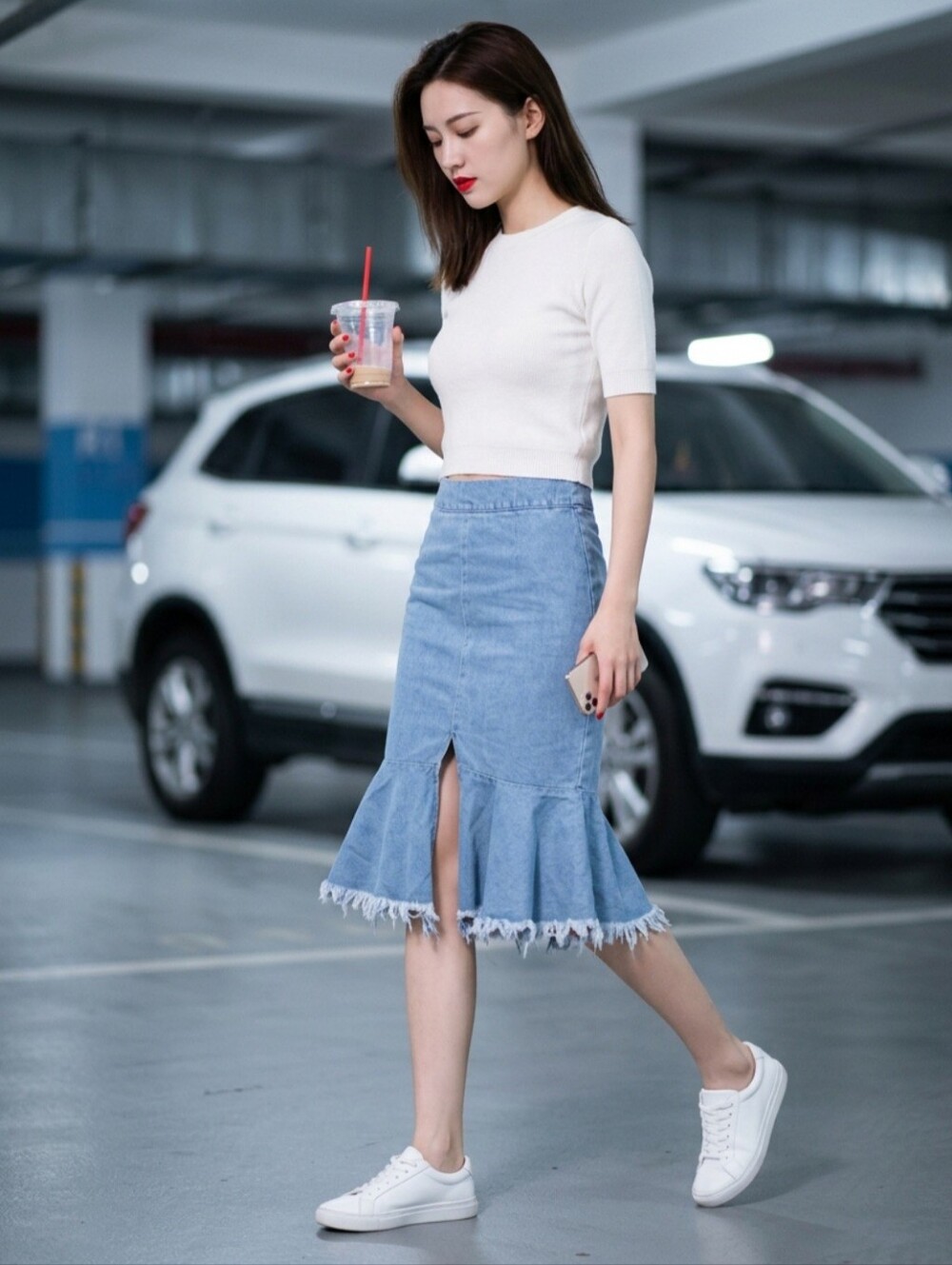 Blue Denim Midi Skirt